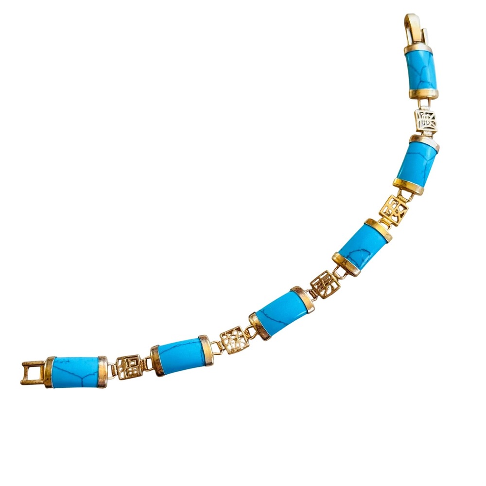 Good Fortune Blue Turquoise Chinese Panel Bracelet Stone Gold Plated Genuine